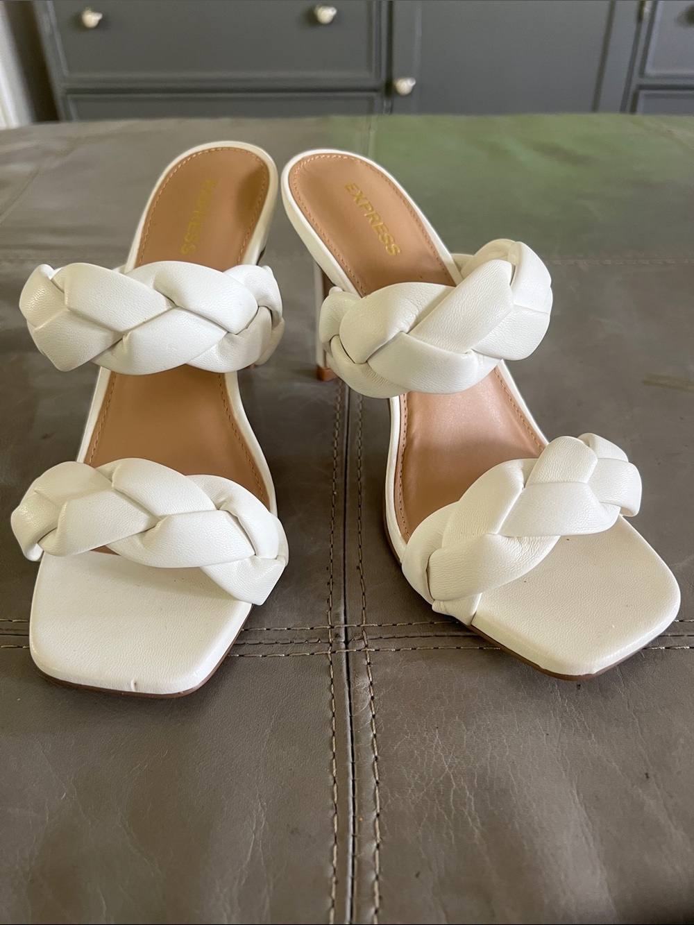 Express White Braided Double-Strap Heeled Sandals